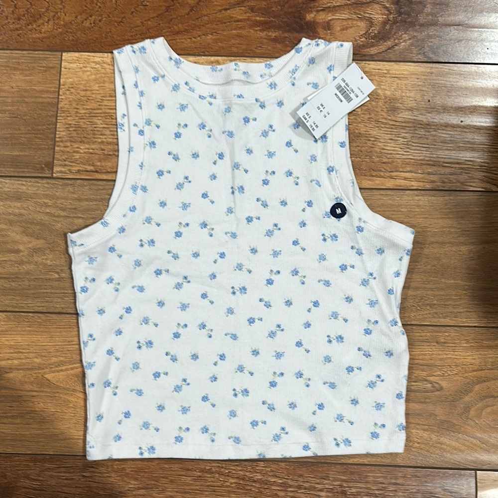 Hollister White and Blue Floral Tank Top